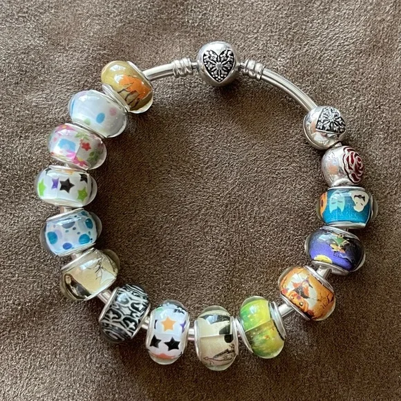 Authentic Pandora Bangle Heart Clasp Bracelet w/ 15 Charms Jewelry